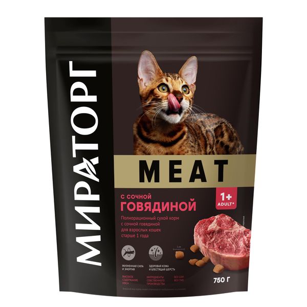 Корм сухой для взрослых кошек старше 1г с сочной говядиной Meat Мираторг 750г СК Короча
