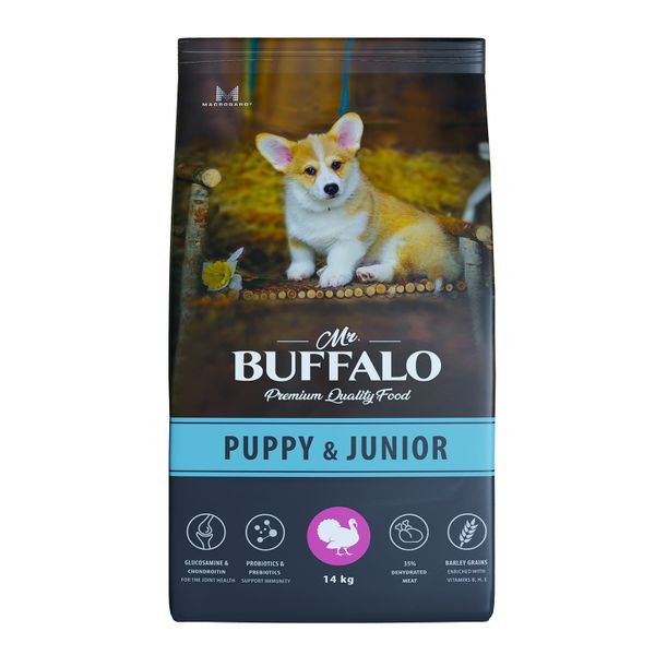 Корм сухой для щенков и юниоров индейка Puppy&Junior Mr.Buffalo 14кг сухой корм для котят родные корма индейка 34 19 10 кг