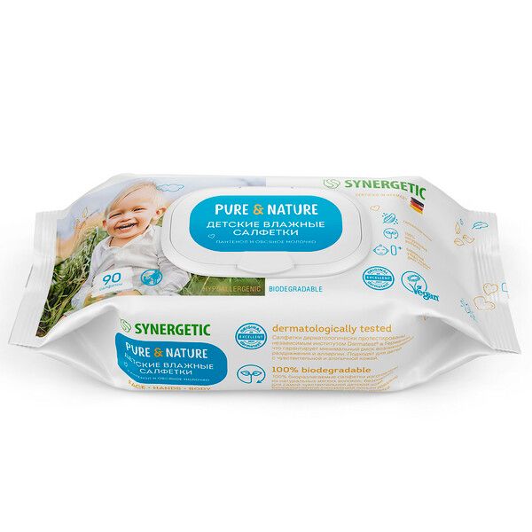 Салфетки влажные детские 0+ пантенол и овсяное молочко гипоаллергенные Pure&Nature Synergetic 90шт фото №5