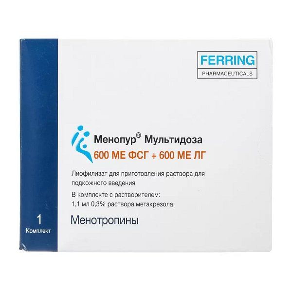 Менопур Мультидоза+р-ль в шпр. лиофилизат для приг. раствора для в/м и п/к введ. 600МЕ ФСГ+600МЕ ЛГ