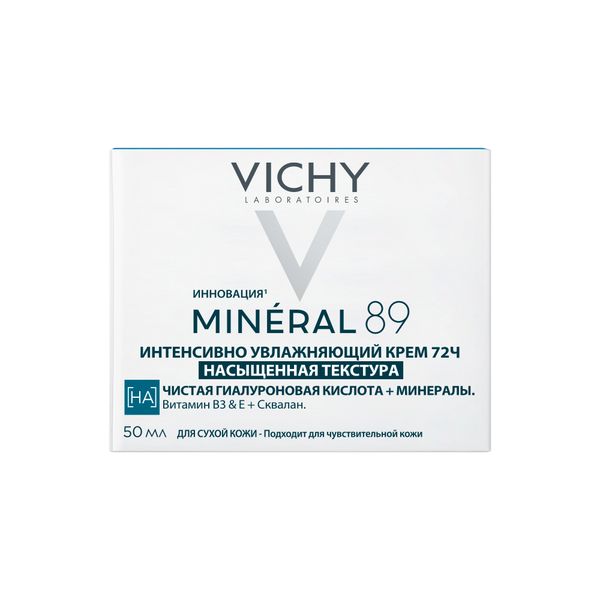 Крем для сухой и чувствительной кожи лица интенсивно увлажняющий 72ч Mineral 89 Vichy/Виши банка 50мл фото №2
