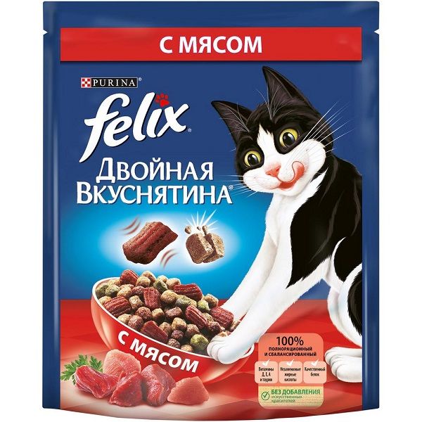 Корм сухой для взрослых кошек, с мясом Felix Двойная Вкуснятина 300г