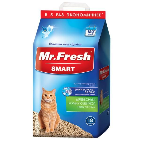Наполнитель комкующийся древесный для короткошерстных кошек Mr.Fresh Smart 18 л комкующийся наполнитель mr fresh древесный для короткошерстных 4 5 л