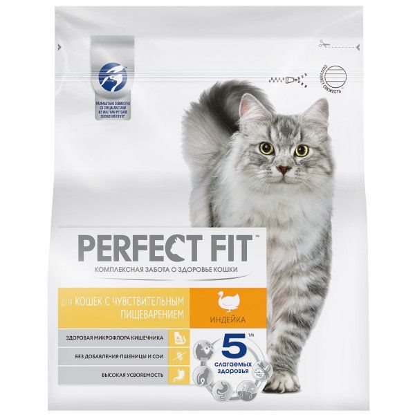 Корм сухой полнорационный для взрослых кошек с чувствительным пищеварением с индейкой Perfect Fit 1,2кг