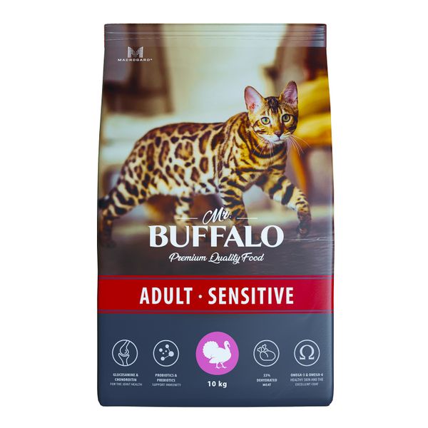 Корм сухой для кошек индейка Adult Sensitive Mr.Buffalo 10кг сухой корм для кошек grandorf probiotic sterilised 2 кг