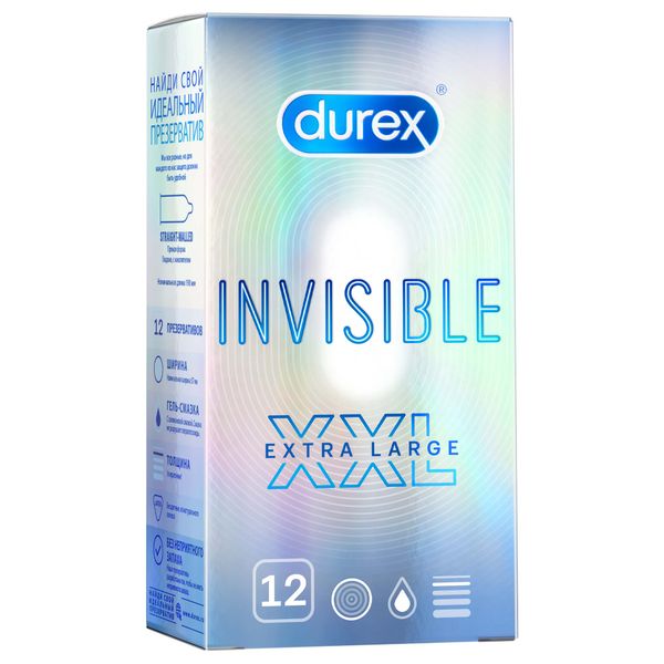 Презервативы из натурального латекса XXL Invisible Durex/Дюрекс 12шт презервативы durex dual extase рельефные с анестетиком 3 шт
