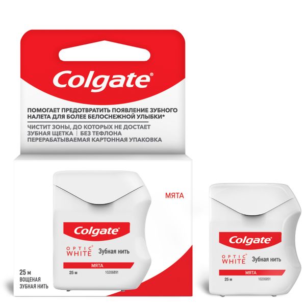 Нить Colgate (Колгейт) зубная Optic White 25 м. oleos зубная нить объемная 50 м 50