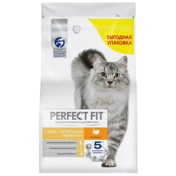 Корм сухой полнорационный для взрослых кошек с чувствительным пищеварением с индейкой Perfect Fit 2,5кг
