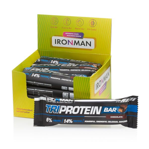 Батончик протеиновый шоколад в темной глазури TRI Protein Bar Ironman 50г 12шт фото №2