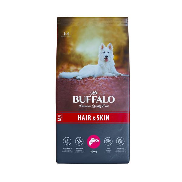 Корм сухой для собак средних и крупных пород лосось Hair&Skin Care Mr.Buffalo 800г корм сухой для собак средних и крупных пород ягненок sensitive mr buffalo 14кг