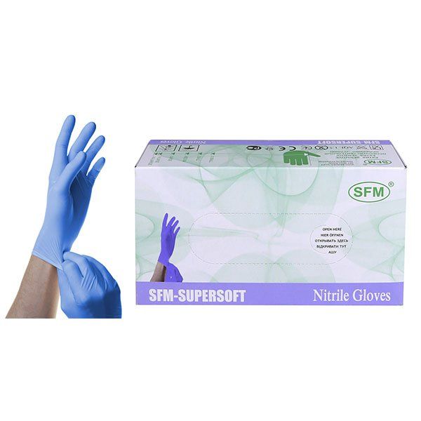 Перчатки смотровые нитриловые одноразовые неопудренные голубые SFM 200шт р.L нитриловые перчатки неопудренные текстурированные нестерильные nitrile hands clean 2241 l фиолетовые 100 шт
